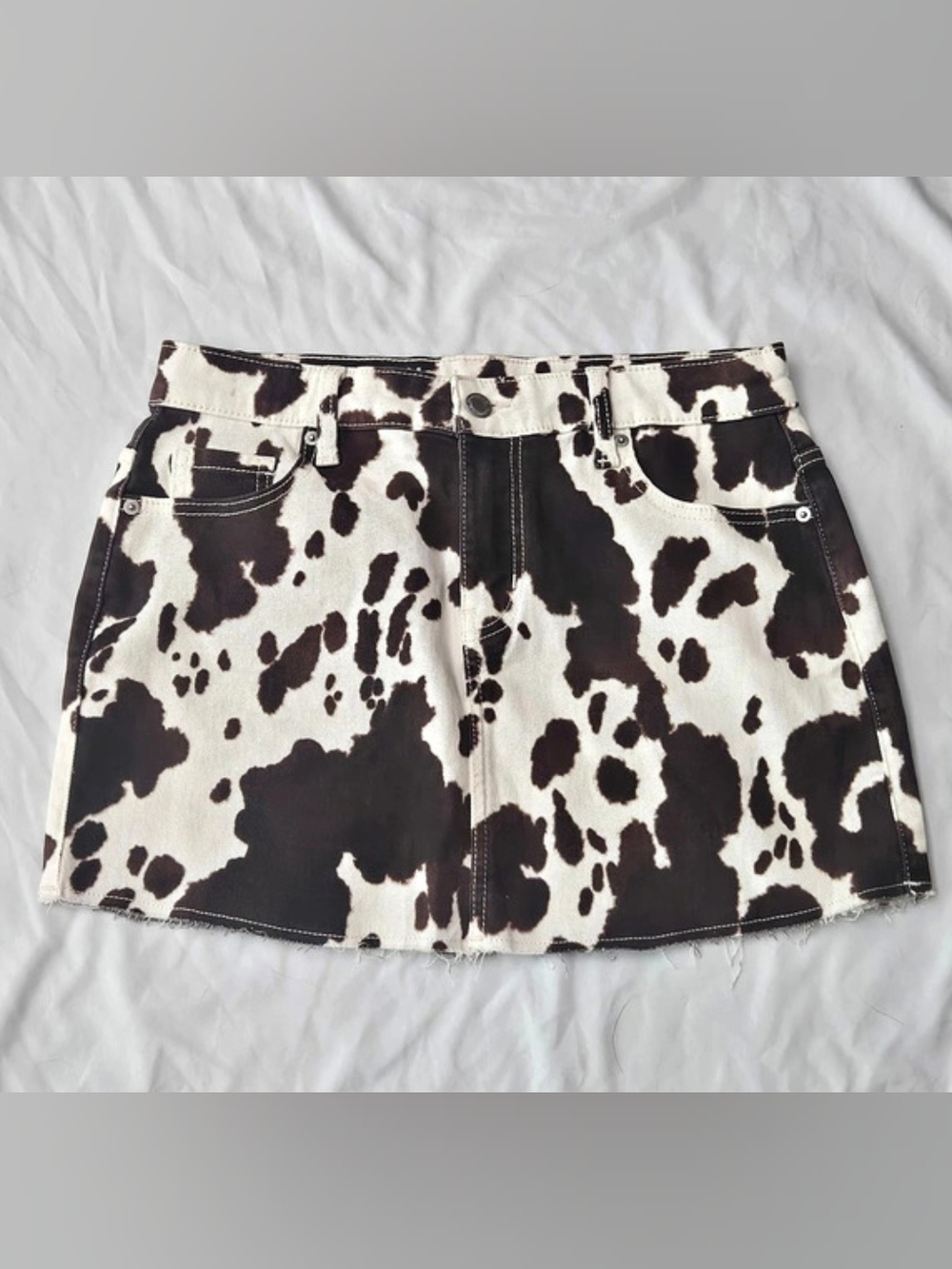No Boundaries Cow Print Denim Mini Skirt White & Brown XS